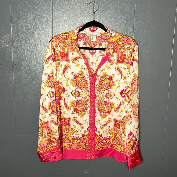 Rachel Zoe Large Blouse Button Top Pink Yellow Boho Retro Shirt Long Sleeve - Picture 8 of 8
